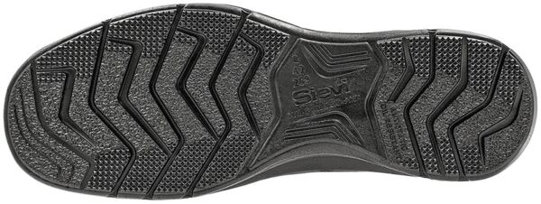 The image shows the sole of a shoe. It is black with a textured, diamond-shaped pattern and wavy lines that provide better grip.