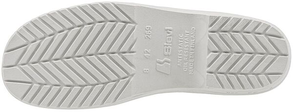 The image shows the underside of a white shoe sole with a non-slip tread. It features a distinctive wave pattern and embossed lettering for identification.