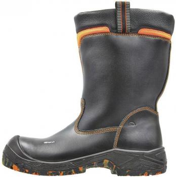 The image shows a tall, black leather work boot with orange accents. It has a sturdy rubber sole and a strong upper. There is a pull loop at the back.