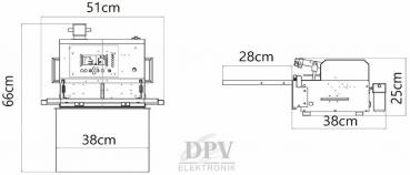 The image displays technical drawings of a device measuring 51 cm (W) x 66 cm (H) x 38 cm (D). There is also a side view that is 28 cm deep and 25 cm high.