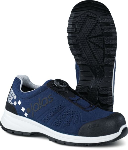 The image shows a blue, sporty shoe with a non-slip sole. The shoe has a gray interior and a special lacing system for easy grip.