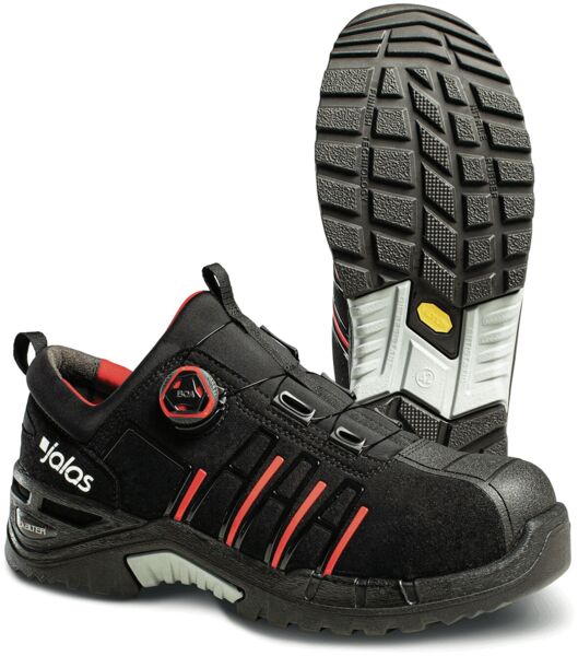 The image shows work shoes made from black material with red accents. They have a sturdy, non-slip sole and a sporty design, ideal for secure grip and comfort.