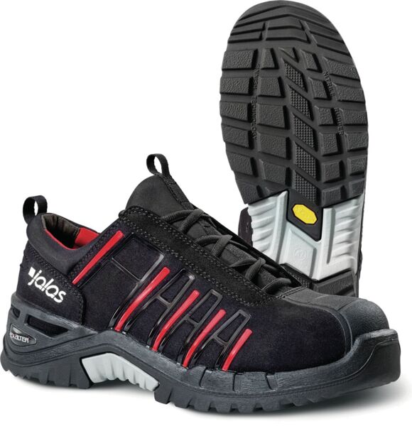 The image shows a sturdy, black safety shoe with red accents. The sole is slip-resistant and has a deep tread for good grip. The shoe provides protection for the toes.