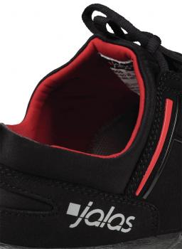 The image shows a black shoe with a red-lined interior. The laces are visible, and the brand "jalas" is printed in white on the side of the shoe.