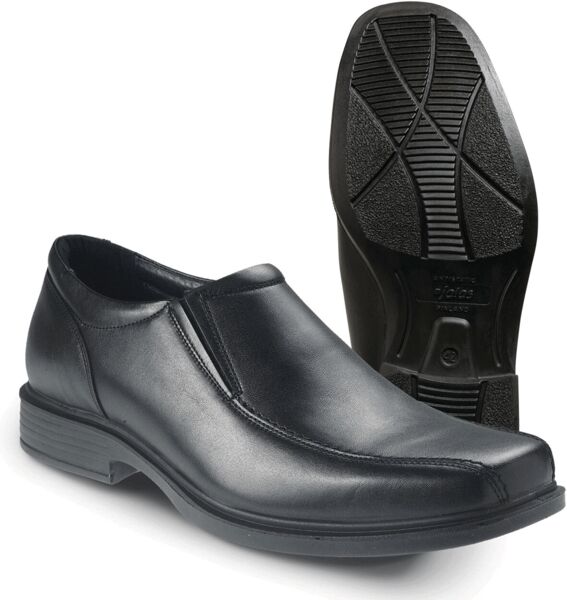 The image shows an elegant, black leather men's shoe. It has a solid sole with grooves for better grip and a sleek, flawless shape, ideal for formal occasions.