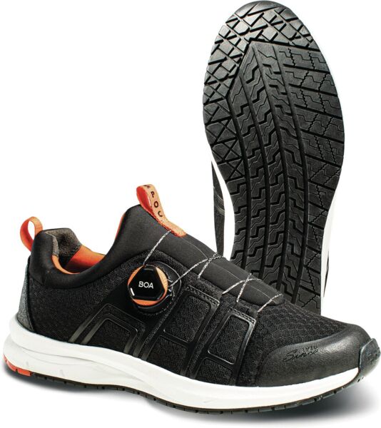 The image shows a sporty, black shoe with elastic laces and a round Boa closure system. The sole is sturdy with a clear tread for good grip.