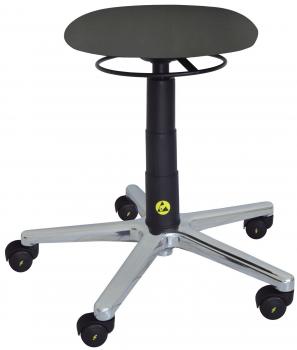 The image shows a swivel stool with a round, padded seat in black. The seat height is adjustable, and the stool has five casters and a sturdy, chrome-plated base.