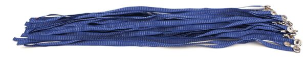 The image shows several dark blue cords lying on top of each other. Each cord has a small metal clip at one end. The cords are evenly arranged in a long, narrow shape.