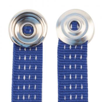 The image shows two blue fabric strips with metal buttons at the ends. The strips are jagged and have small white dots. The buttons are round and shiny, with a hole in the center.