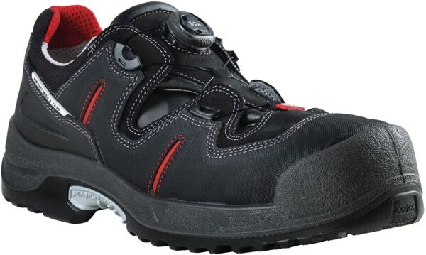 The shoe is black with red accents. It has a sturdy, serrated sole and a reinforced toe cap. The quick lacing system ensures easy support and comfort.