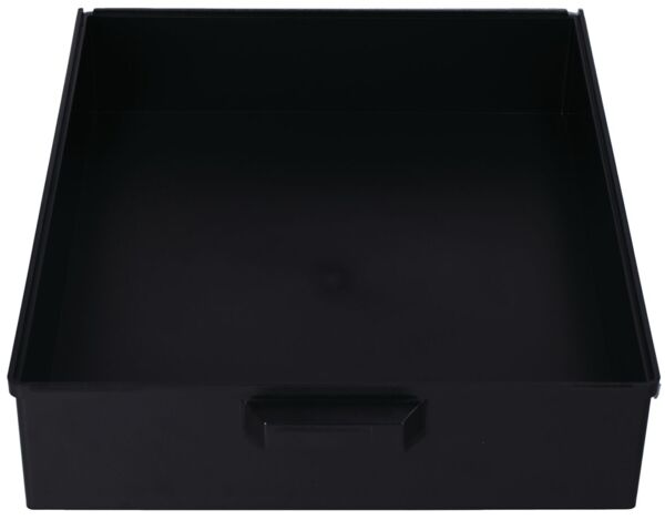 The image shows a flat, rectangular drawer made of black material. It has no lid and is empty inside. On one of the shorter sides, there is a handle for pulling out.