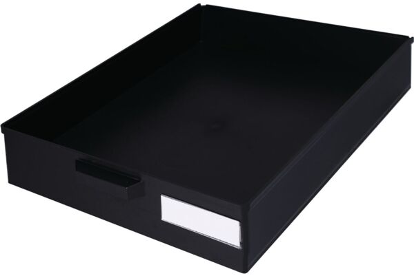 This is a flat, rectangular box in black. It has an open top, a small handle on the front, and a white labeling area on one side.