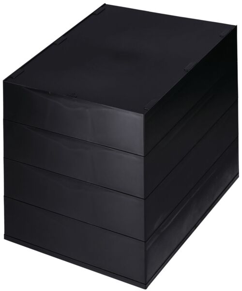 The image shows a black, square box made up of several stacked layers. The surface is smooth and shiny, with rounded corners.