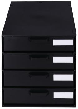 The image shows a black dresser with four drawers. Each drawer has a handle and a label slot. The top is flat and also black.