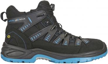 The image shows a black hiking boot with blue accents. It has a high design, durable upper, a profiled sole, and special lacing systems for better support.