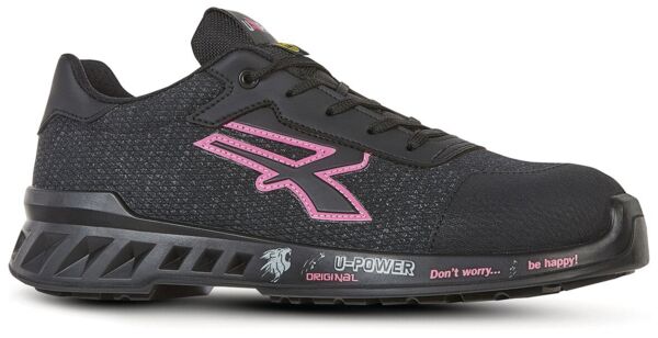 The shoe is a black sneaker with pink accents. It has a sturdy sole with a slight elevation at the heel and casual laces. There is a stylized logo on the side.