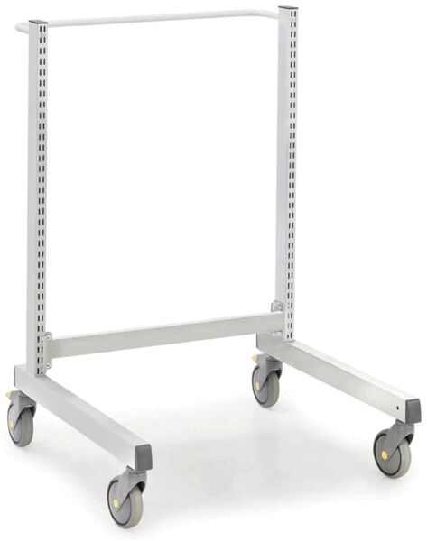 The image displays a mobile clothes rack made of metal. It features two vertical poles with holes for attachment, a horizontal pole at the top, and four wheels for easy mobility.