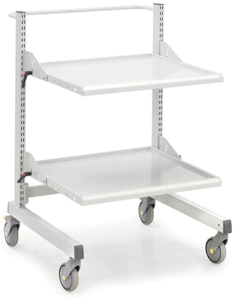 This is a mobile shelf with two flat shelves. The shelves are flat and white, the frame is made of metal and has wheels for easy movement.