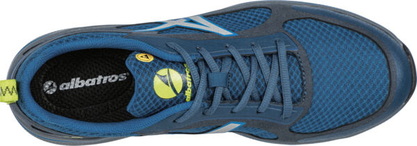 The shoe is sporty and features a blue, airy upper with a mesh pattern. It has gray shoelaces and a yellow brand marking on the insole.