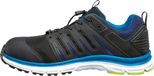 The shoe is sporty and made of black material with blue and green accents. It has a rounded, white sole and a quick lacing system for better support.