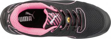 The image shows a black sports shoe with pink accents. The laces are black and the insole features the Puma logo. The shoe appears sporty and modern.