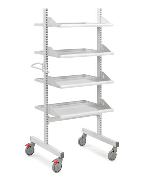 The image shows a mobile shelving unit with four white shelves. It has a sturdy metal frame with vertical rods and casters for easy mobility.