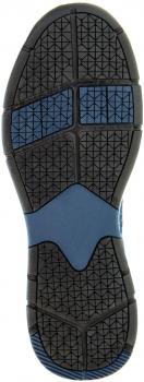 The image shows the underside of a shoe. The sole is primarily black with a blue area in the middle. It features a grippy, textured pattern made up of various geometric shapes.