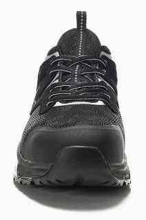 The image shows a black sports shoe from the front. It has a textured fabric upper, strong laces, and a sturdy sole. The shape is sporty and modern.