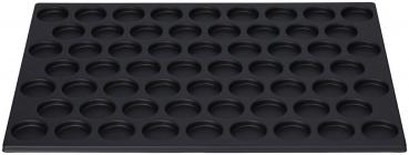 The picture shows a black baking tray with 48 round indentations. It has a flat, rectangular shape and is made of a smooth material. Ideal for baking muffins or similar items.