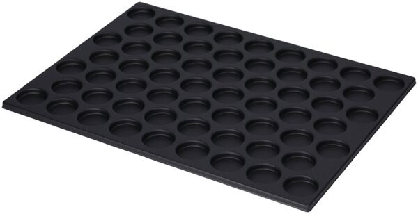 The image shows a black baking sheet with many small round indentations arranged in uniform rows. It has a rectangular shape and a smooth surface.