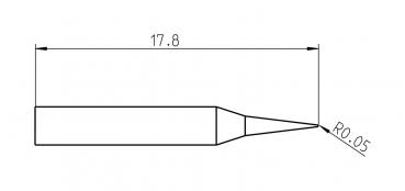 Das Bild zeigt eine technische Zeichnung eines spitzen Objekts. Es ist 17,8 mm lang, hat einen geraden, zylindrischen Körper und endet in einer schmalen Spitze mit einer kleinen Rundung (R0.05).