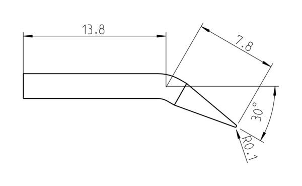 The image displays a technical drawing of a tool. It has an elongated shape with a slanted end. Dimensions are provided: 13.8 mm in width and 7.8 mm in length, with a 30° angle.