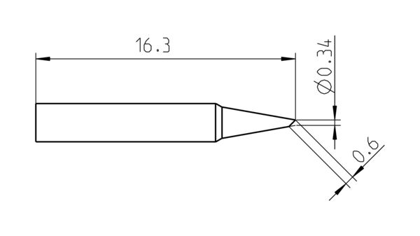 Das Bild zeigt eine technische Zeichnung eines Gegenstands. Er hat eine längliche Form mit einem spitzen Ende. Maße sind angegeben: Länge 16,3 mm, eine Öffnung hat einen Durchmesser von 0,34 mm und eine weitere von 0,6 mm.