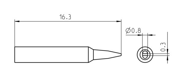 The image shows a technical drawing of a cylindrical object with a conical tip. The total length is 16.3 mm. The diameter of the tip is 0.8 mm, and the base has a thickness of 0.3 mm.