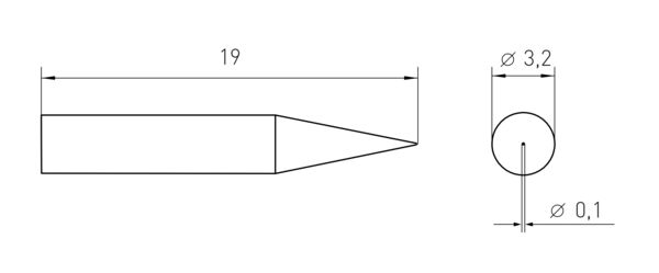 Das Bild zeigt eine technische Zeichnung eines Stiftes. Er ist 19 mm lang und hat eine spitz zulaufende Form. Rechts sind zwei Durchmesser angegeben: 3,2 mm und 0,1 mm.