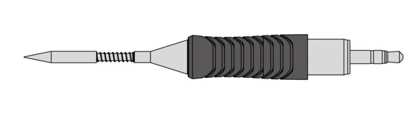 The image shows an arrow with a sharp, shiny tip. The shaft is grooved and has a black, padded section. At the end, there is a wider, flat area.