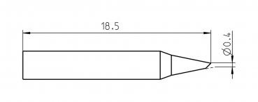 The image displays a technical drawing of an object with a length of 18.5 mm and a 0.4 mm opening at a pointed end. The object has a conical shape.