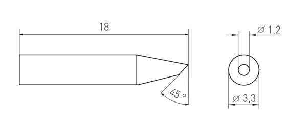 The image shows a technical drawing of an elongated object with a pointed, angled edge, dimensions for length and diameter, as well as a round view.