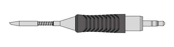 The image shows a screwdriver with a non-slip grip. The blade is narrow and pointed, and at the end of the handle, two inserts are visible.