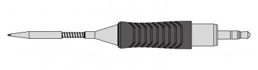 The image shows an elongated object that tapers to a point at one end. The surface has a ridged texture, indicating a handle. At the other end, there is an attachment.