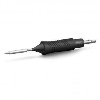 The image shows a black soldering iron with a non-slip grip. At the end, there is a silver soldering tip. The iron has an ergonomic shape for better grip.