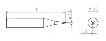 The image shows a technical drawing of a narrow, tapered object with dimensions. On the left are the side view and dimensions, on the right a top view with diameters.