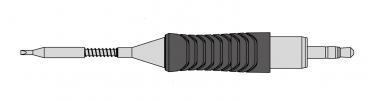 The image shows a pen with a rubberized, ridged grip in the middle. At one end there is a fine tip, at the other end a broader one.