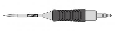 The image displays a stylized screwdriver with an elongated, ridged handle that features a pointed blade at one end. The handle is black and the blade is silver.