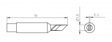 The image shows a technical drawing of a tool. It is depicted from the side and the front, with a length of 19 mm and a diameter of 1.8 mm. A milled cut is located at the end.