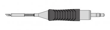 The image shows a cable plug with an elongated, wavy rubber coating in the middle. At one end there is a pointed plug, at the other a round plug.