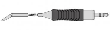 The image depicts a tool with a long, narrow handle that is grooved and black. At one end, there is a thin, sharp blade that is slightly curved upwards.