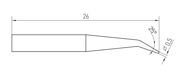 Das Bild zeigt eine technische Skizze eines Werkzeugs. Es hat eine Länge von 26 mm und eine schmal zulaufende Spitze, die bei 25° geneigt ist. Die Dicke der Spitze beträgt 0,5 mm.