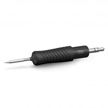 The image shows a soldering iron with a black rubberized handle and a non-slip texture. The tip of the soldering iron is pointed and made of metal, ideal for soldering electronics.