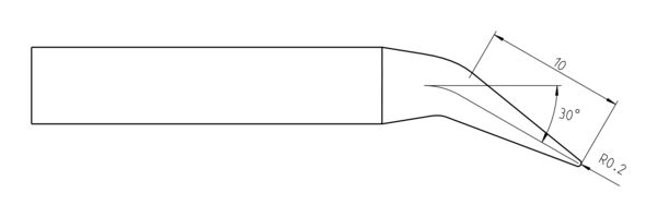 The image shows a technical drawing of a tool with a long, straight handle and a narrow, pointed, beveled blade. Angles and measurements are marked.